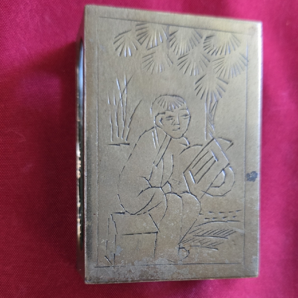 Antique Chinese Export Brass Matchbox Holder-Double-Sided Etched Vesta(BIN 008)